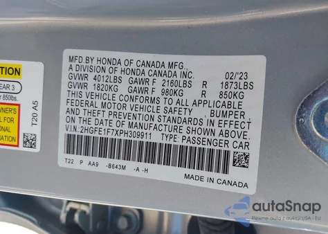 2023 Honda Civic Ex/Ex W/O Bsi из США, поврежденный, VIN 2HGFE1F7XPH309911